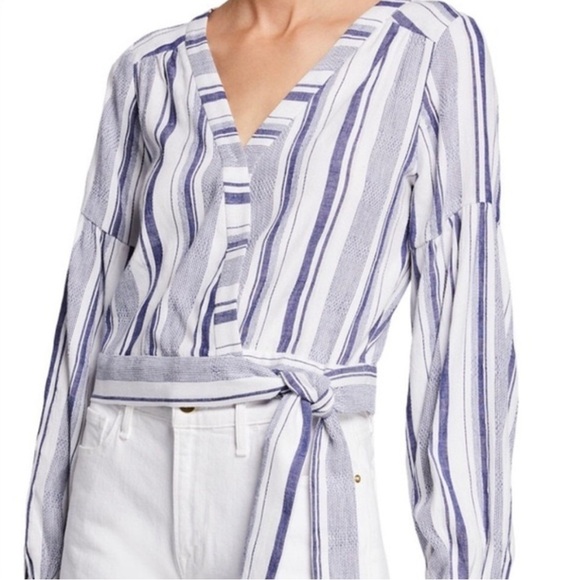 Parker Saskia Stripe V Neck Tie Waist Blouse Blue White Medium W2 - Picture 1 of 8